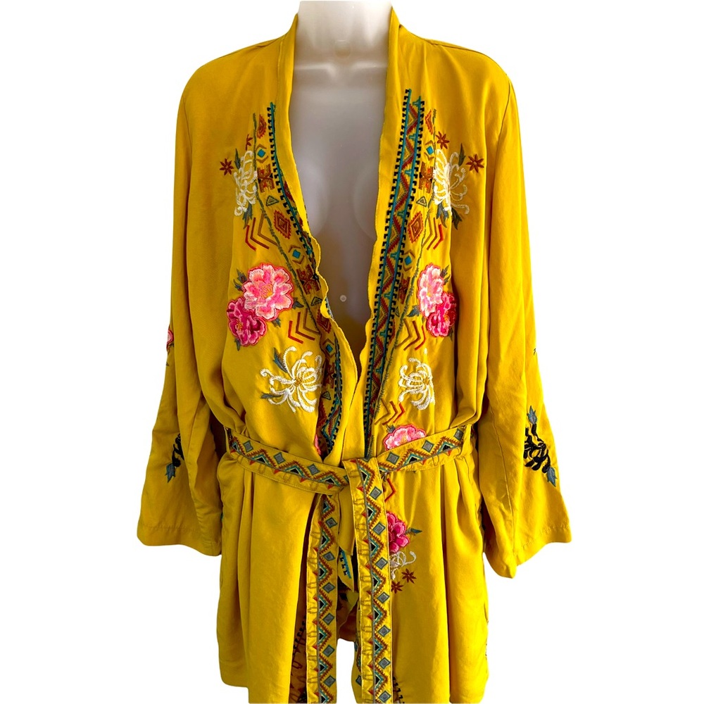 Driftwood Boho Embroidered Cardigan Floral Mustard Yellow Tencel Size XL
